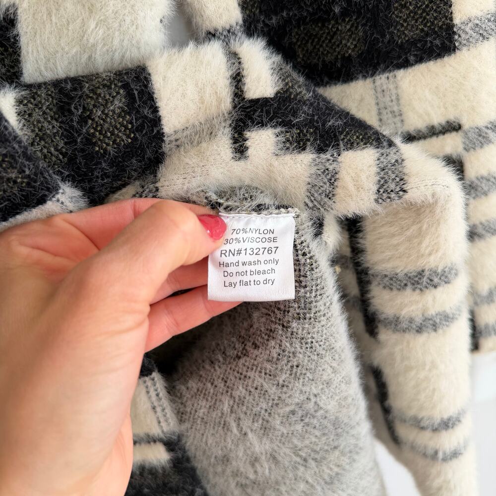 Baciano Plaid Pattern Double-Breasted Mid-Length Teddy Boucle Coat Black White M - Picture 8 of 9